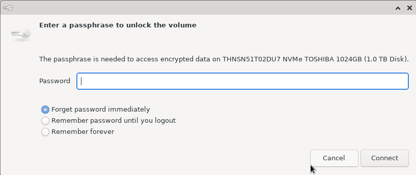 LUKS password dialog box